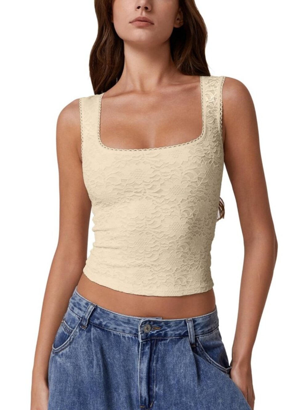 Women's Khaki Stylish Lace Trim Square Neck Sleeveless Double-Layer Fit Tank Top